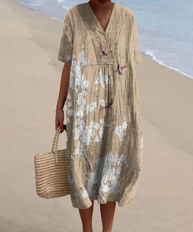 Floral Japanese Print V-neck Short Sleeved Casual Midi Dress