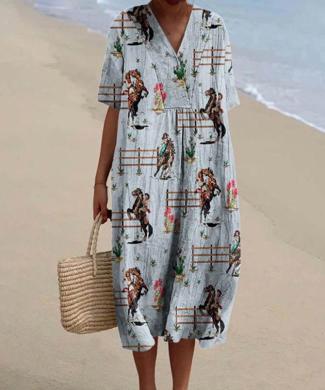 Vintage Cowgirls Western Sublimation Print Short-sleeved Midi Dress