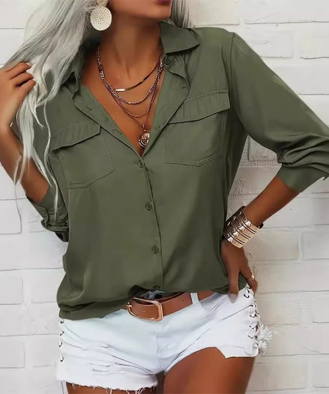 Ladies Lapel Pocket Long Sleeve Shirt