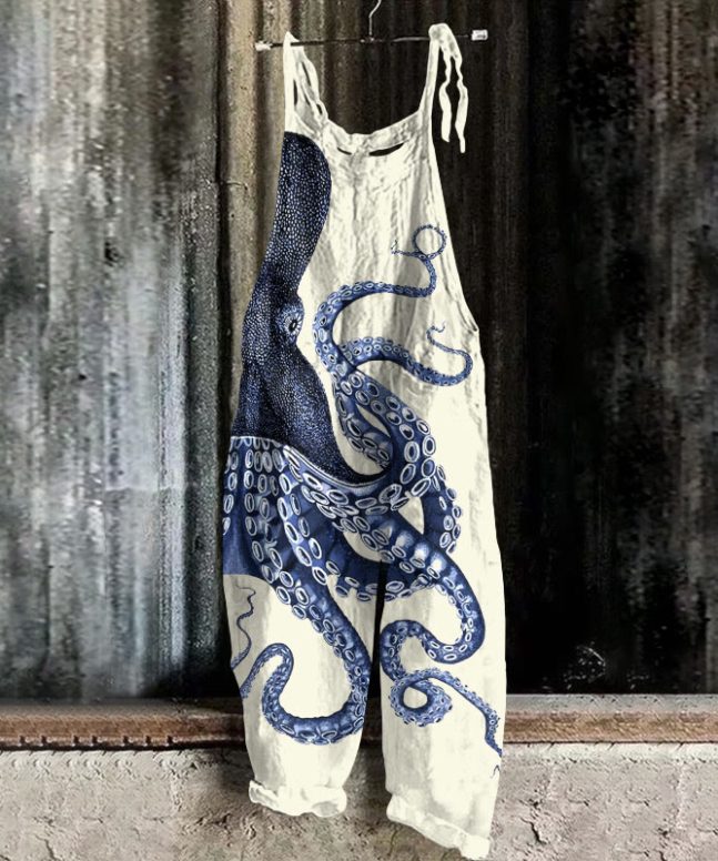 Japanese Art Octopus Graphic Print Casual Jumpsuit