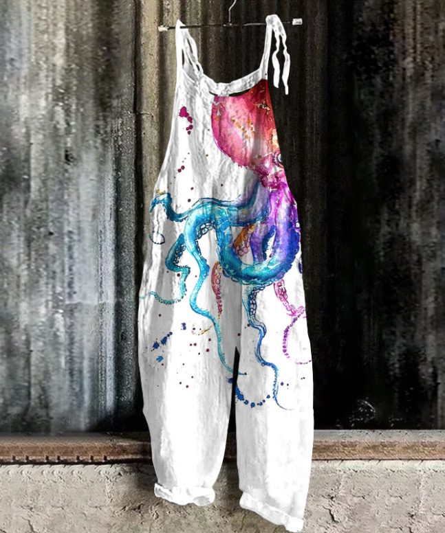 Colorful Watercolor Octopus Print Casual Jumpsuit