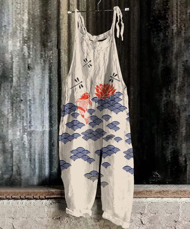 Japanese Style Koi Fish Dragonfly Wave Art Print Casual Jumpsuit
