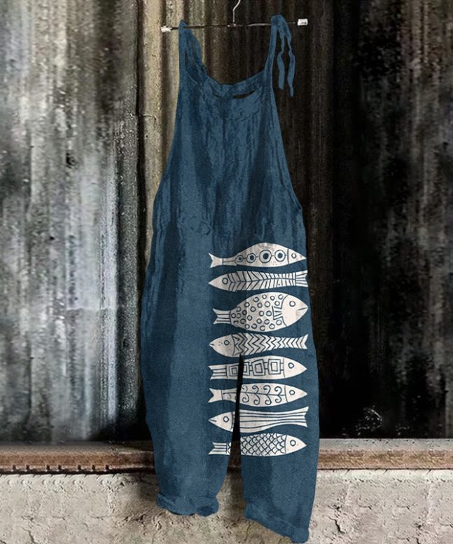 Fish Japanese Lino Art Print Casual Jumpsuit