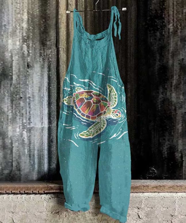 Rainy Colorful Sea Turtle Art Print Casual Jumpsuit