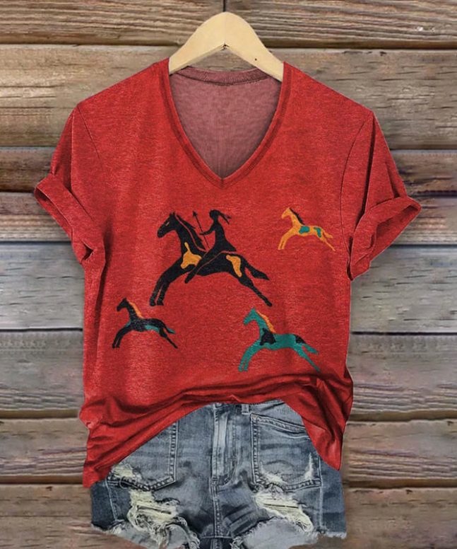 Vintage Horse Riding Girl Art Print V-neck T-shirt