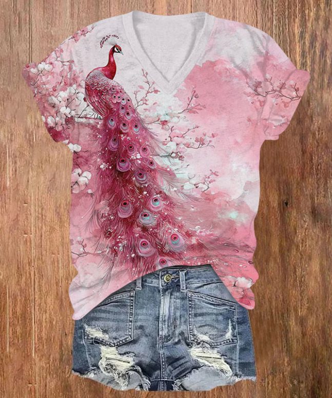Peacock Print V-neck T-shirt