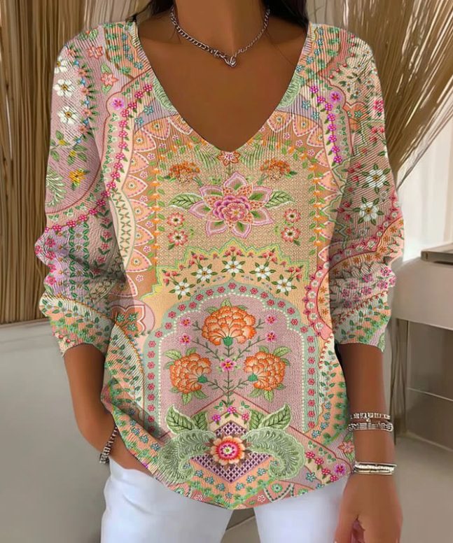 Women's Retro Floral Print V-Neck Long Sleeve Sweater