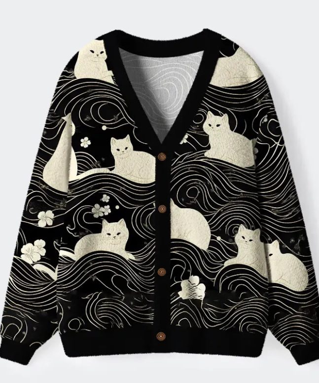 Japanese Cat Geometric Lines Long Sleeved Sweater Cardigan