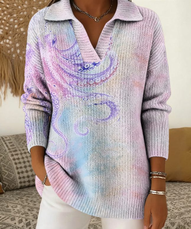 Unique Colored Octopus Art Pattern Polo Collar Long Sleeved Sweater