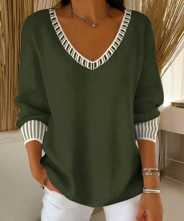 Women's Simple Striped Design Print V-neck Long Sleeved Sweater