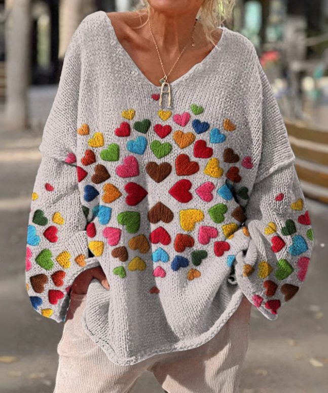 Valentine's Day Colorful Little Hearts Pattern Print Causal V-neck Pullover Sweater