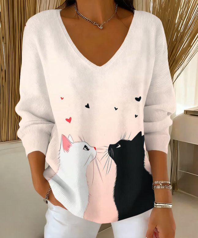 Valentine's Day Cat Heart Print Causal V-neck Pullover Sweater