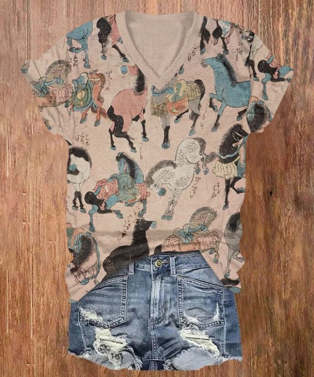 Japanese Classic Retro Year Of The Horse Ukiyo-e Art Pattern Print Short Sleeved V-neck T-shirt