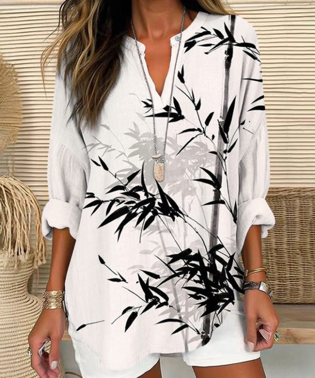 Ink Watercolor Bamboo Art Print V Neck Long Sleeve Blouse