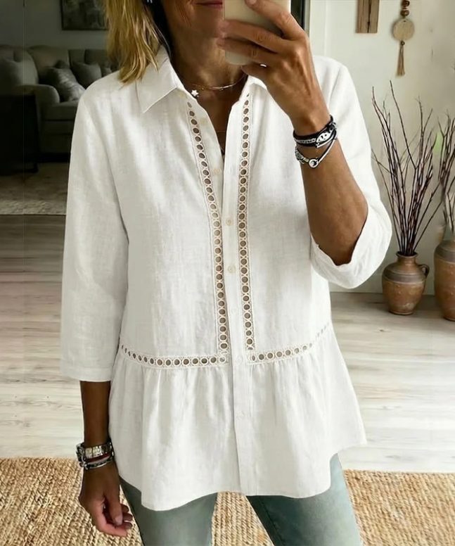 Elegant Bohemian Openwork Lace Linen Blend 3/4 Sleeve Blouse