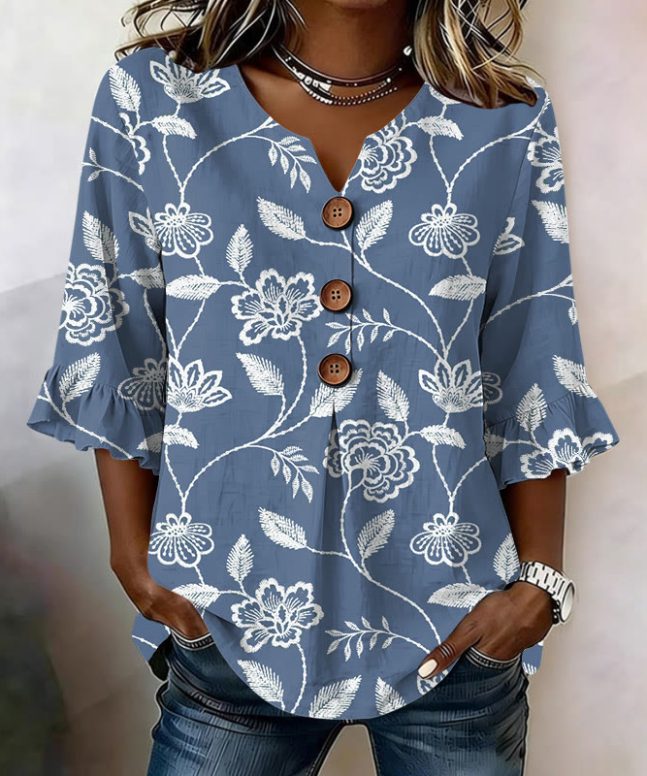 Vintage Floral Stitches Pattern Print Button V-neck Blouse With Ruffle Sleeves