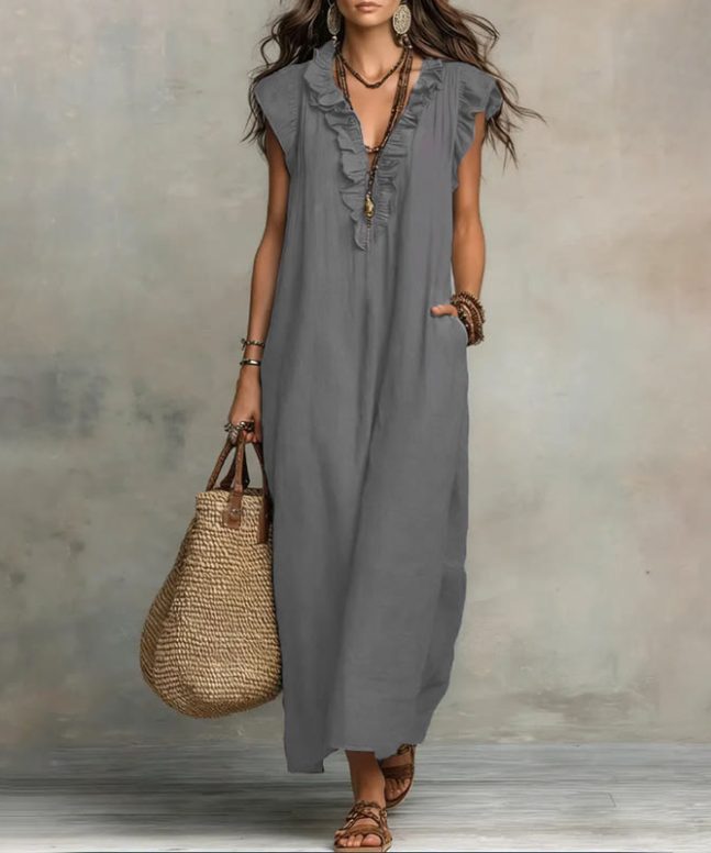 Women's Solid V-neck Sleeveless Ruffled Maxi Dress