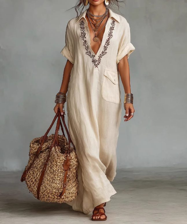 Elegant Solid Embroidered V-neck Pocket Lapel Short-sleeve Maxi Dress