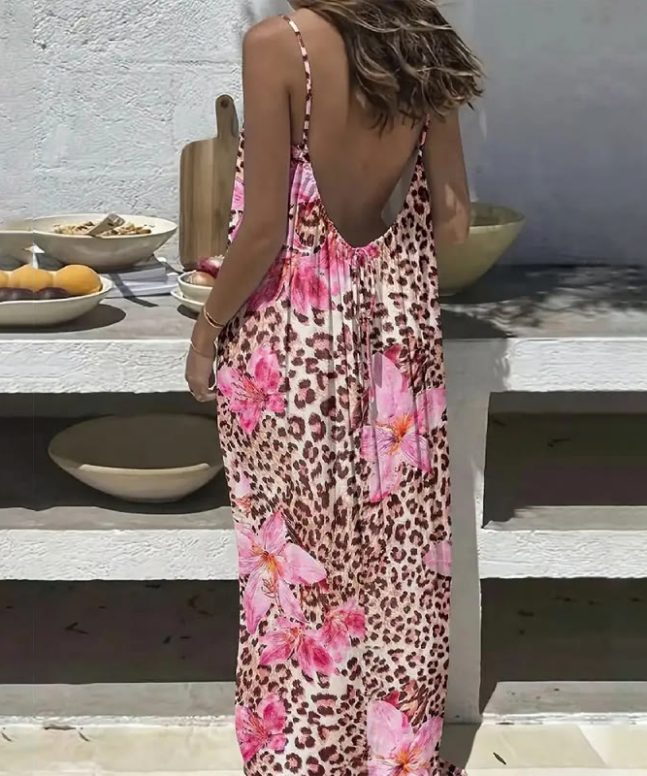 Tropical Leopard Floral Print Drawstring Open Tie-back Beach Maxi Dress