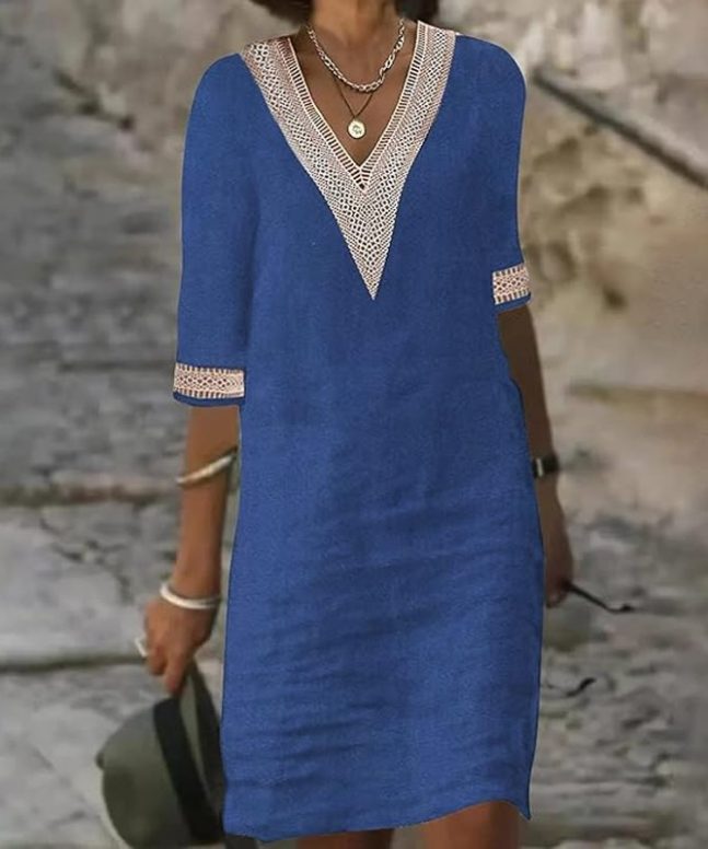 Elegant Solid V-neck Lace Half-sleeve Midi Dress