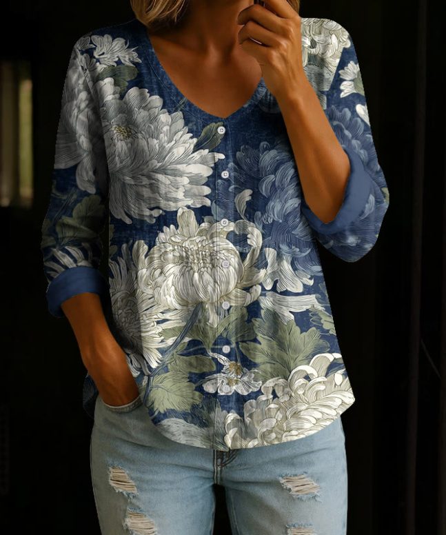 Vintage Magnificent Chrysanthemum Pattern Print Button V-neck A-line Long Sleeve Blouse