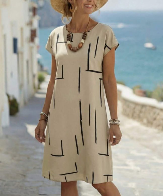 Geometric Line Print Short Sleeve Crew Neck Midi Dress