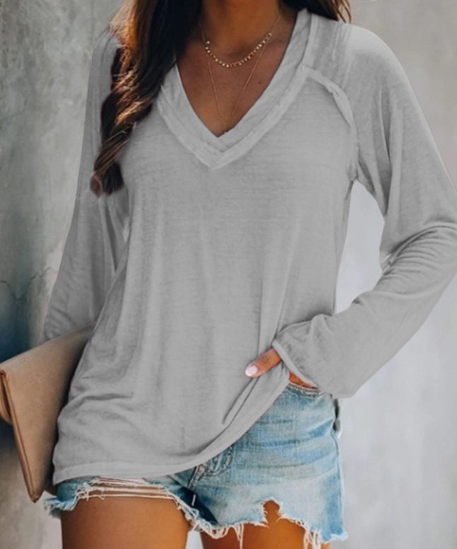 Solid Color Casual V-neck Long Sleeve T-shirt