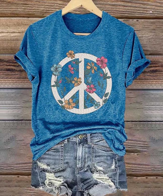 Women's Hippie Peace Sign Flowers Love And Peace Printed Casaul Short Sleeve  Crew Neck T-shirt